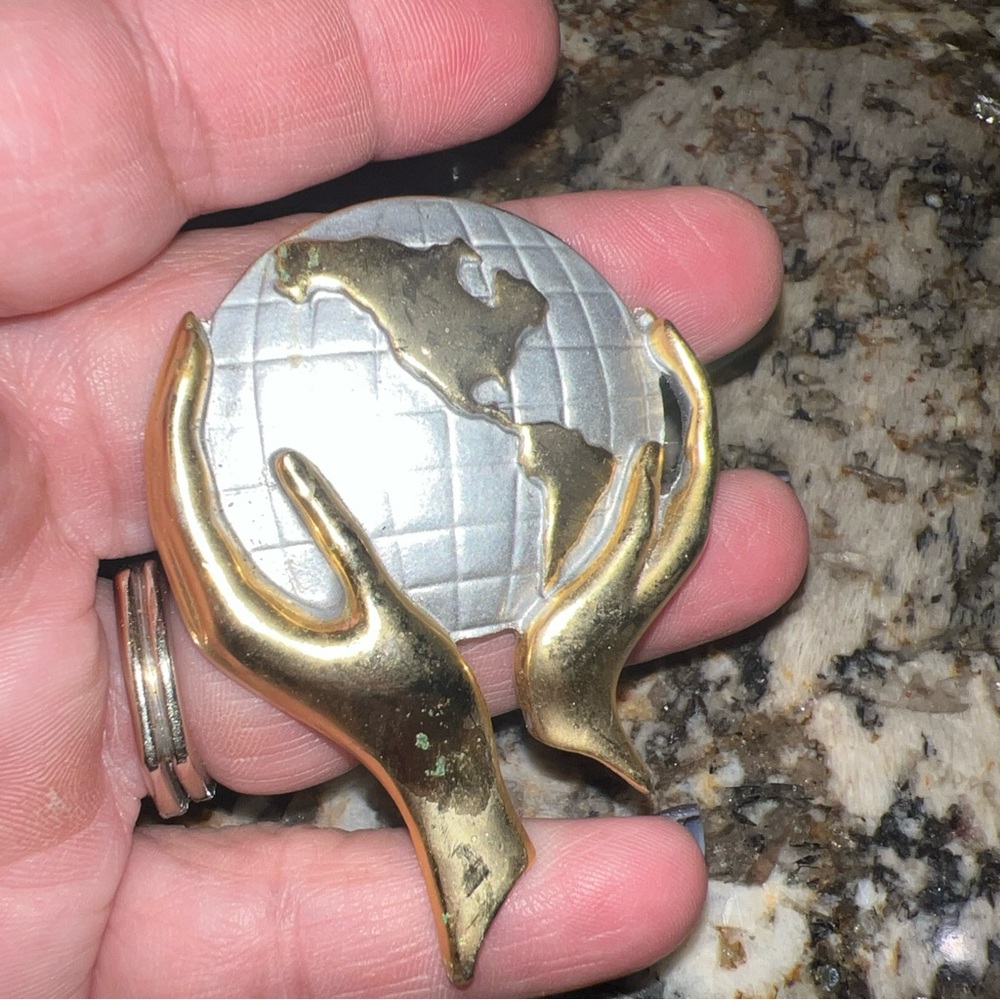 Vintage Gold & Silver Tone Metal Hands Holding Earth Brooch Pin 2.25" x 1.75"